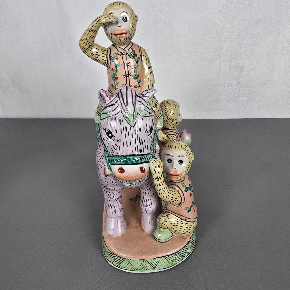 Chinese Famille Rose Porcelain Monkey Riding Horse Figurine Ma Shang Feng Hou - Picture 3 of 14